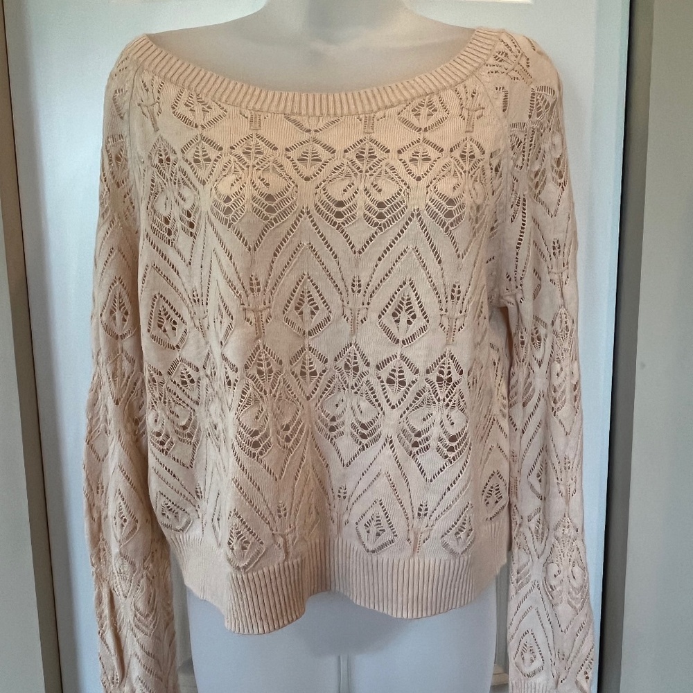 Free People crochet knit long sleeve top with zippered back, boxy crop style S